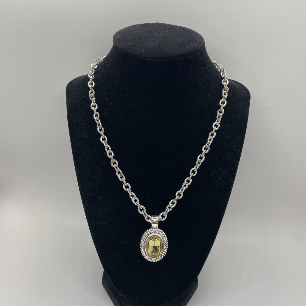 Signed RMN Silver Tone Linked Adjustable Necklace & Yellow Rhinestone Pendant